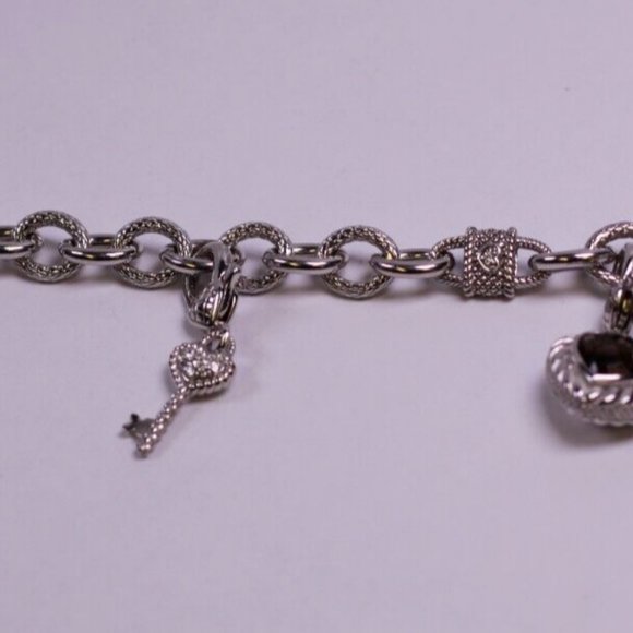 Judith Ripka 925 Sterling Silver Lock Key Citrine Heart Charm Bracelet 8" R724